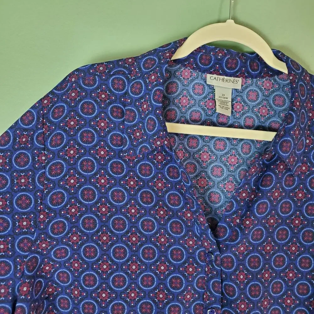 Catherines Womens Blue Geometric Button Front Long Sleeve Shirt Top Size 2X